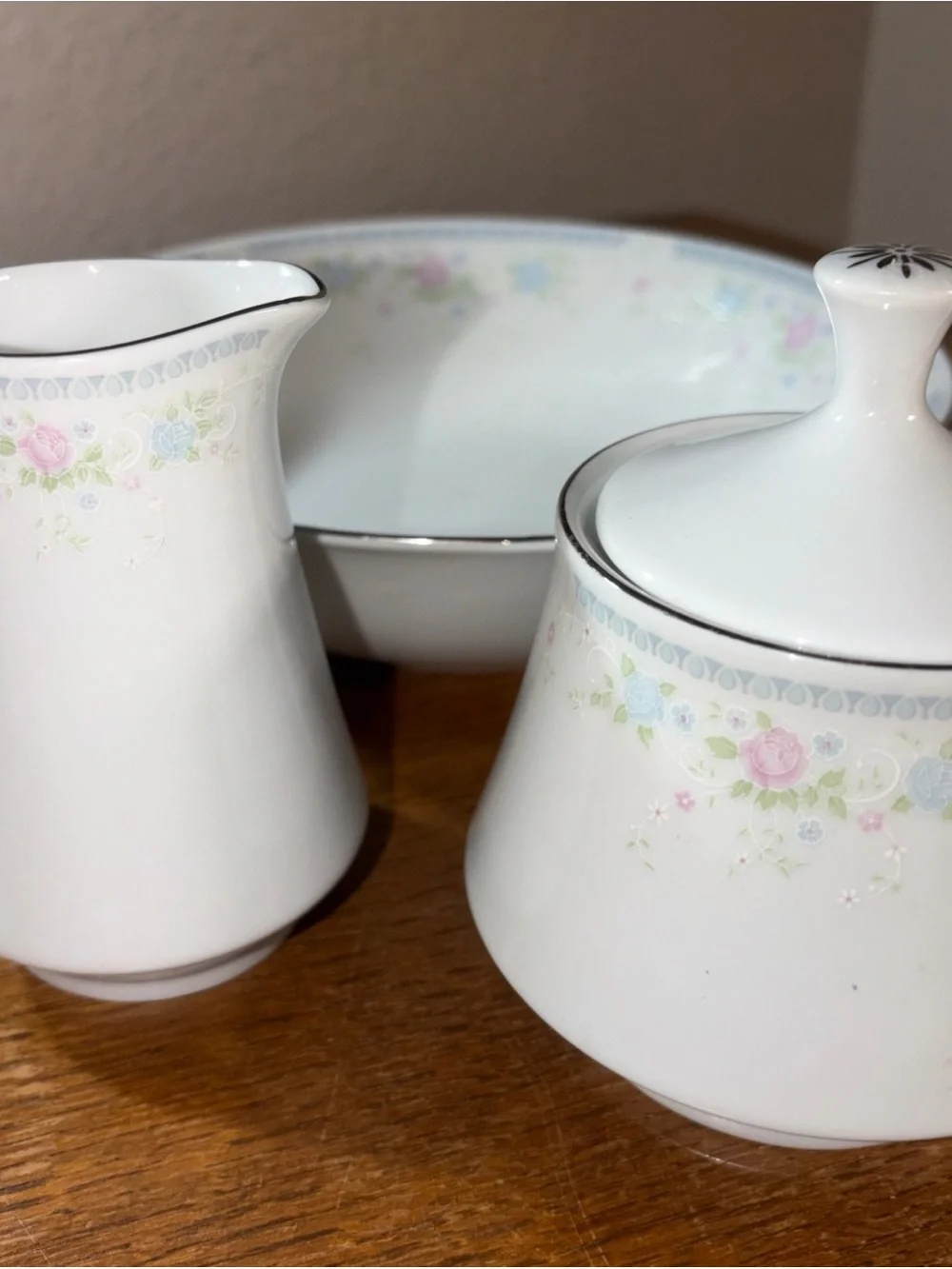 Sea Gull Fine China Serving Bowl, Sugar Bowl & Creamer Pink  & Blue Flowers